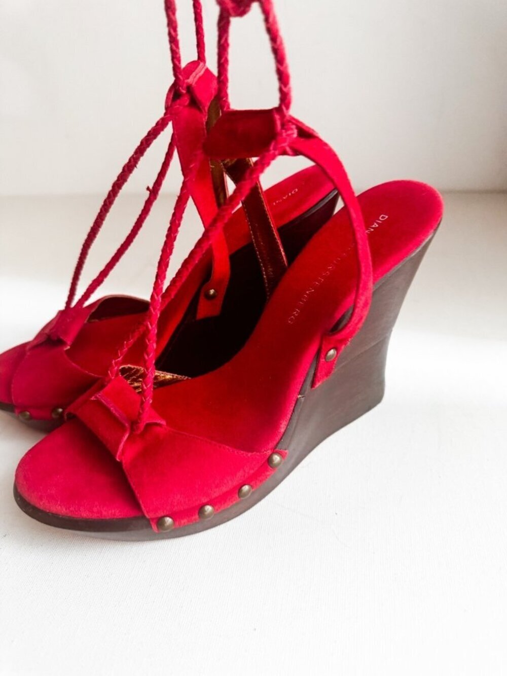 Diane Von Furstenberg Red Suede Wood Sole Wedge Heels 8M